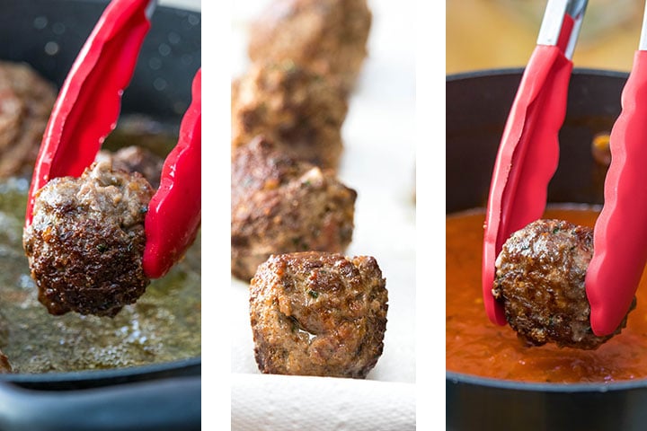 a photo showing the meatballs transferring from the pan to paper towels and to the sauce