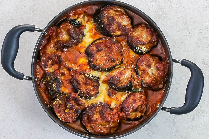 Baked Eggplant Parmesan in the pan fresh out of the oven