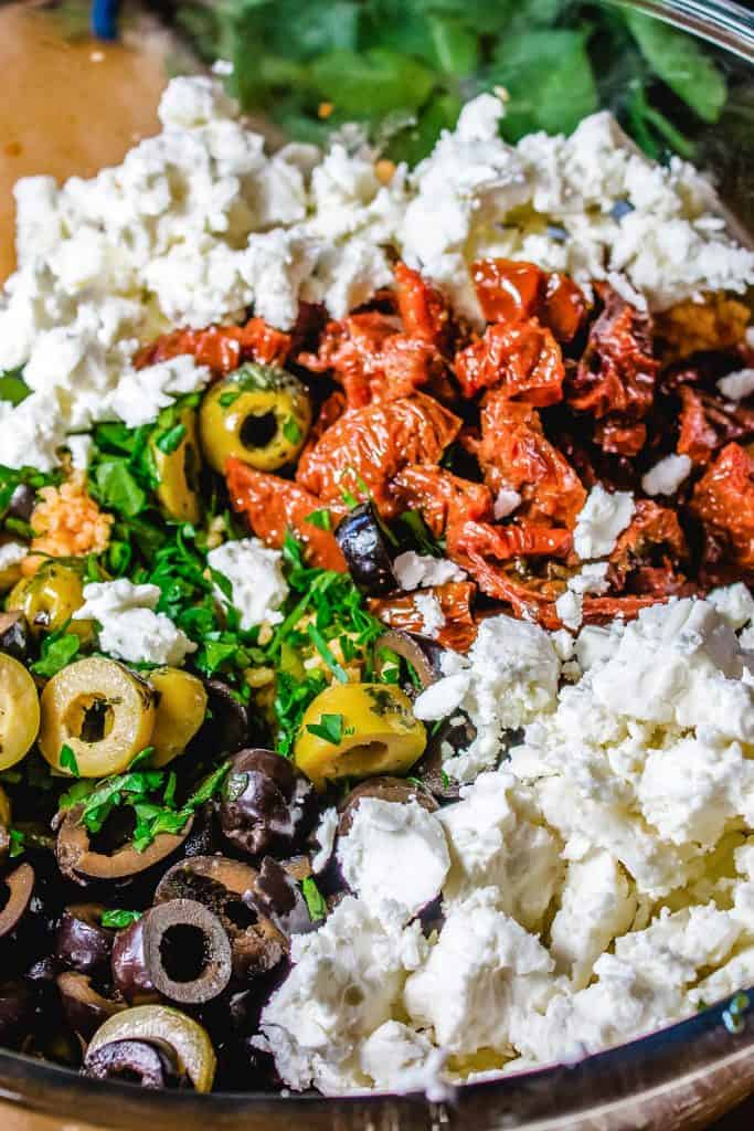 feta cheese and olives with vegetables