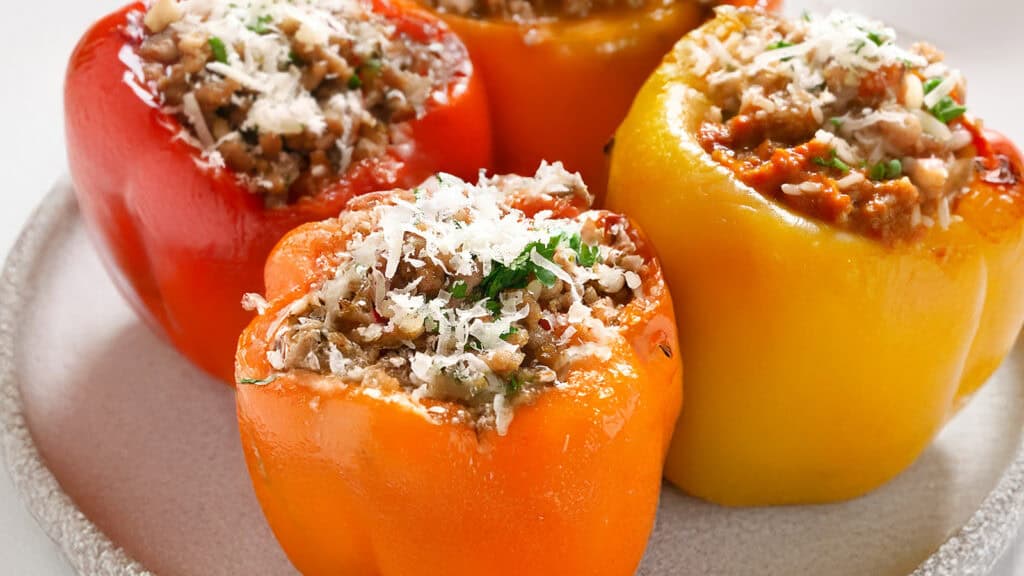 Four Italian stuffed bell peppers in vibrant red, orange, and yellow rest on a white plate. Each is filled with a savory mixture of ground meat, rice, and herbs, topped with grated cheese and garnished with chopped parsley.