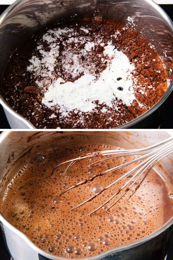 Two images depict a chocolate pudding cooking process in a pot. The top shows dry ingredients, including cocoa powder and flour. The bottom reveals the mixture after stirring, with a whisk and a bubbly, liquid texture.