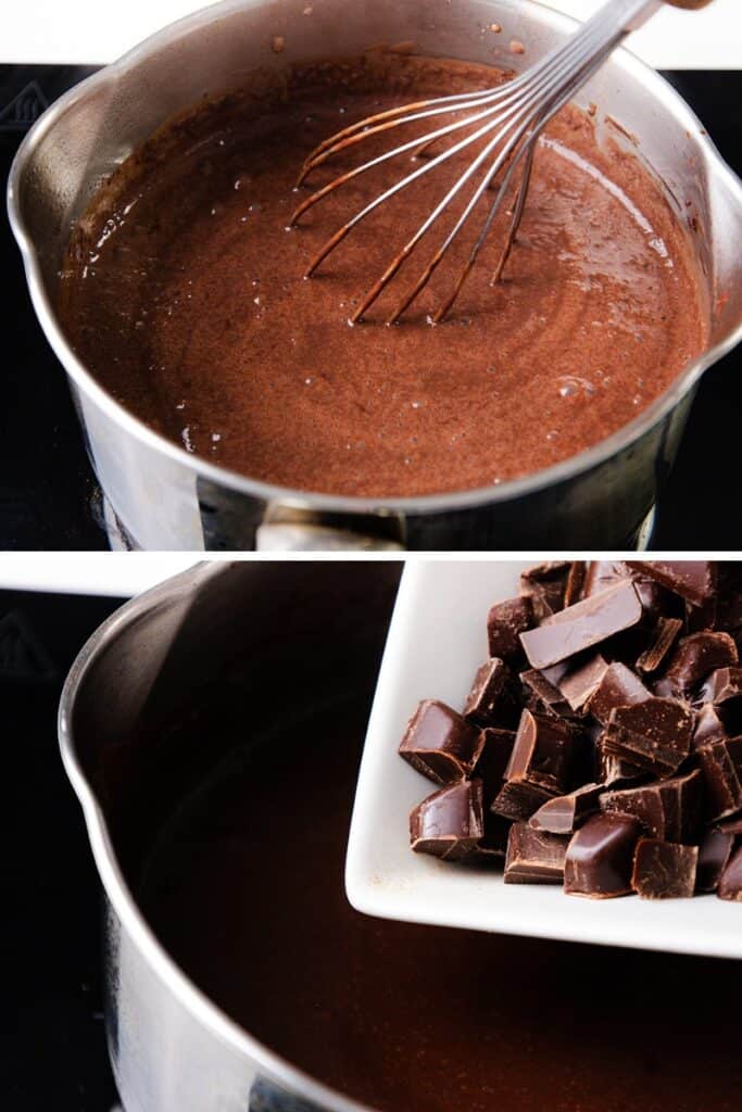 Two images: The top one features a metal pot with a silky chocolate pudding mixture being expertly whisked. The bottom image captures chocolate chunks cascading into a pot filled with warm, melted chocolate.