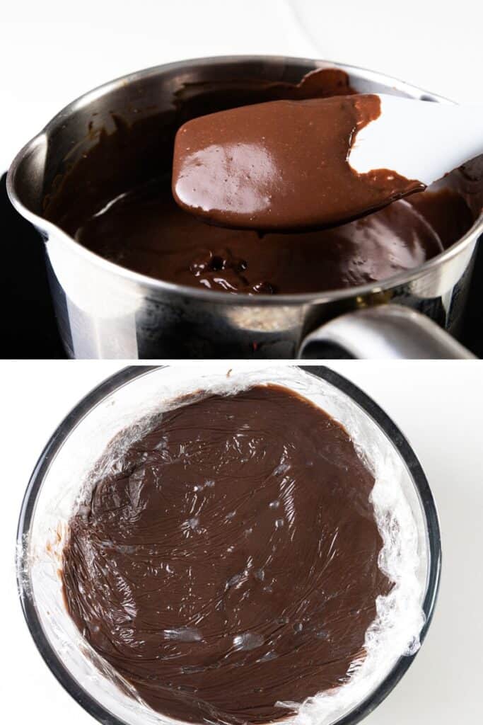 A saucepan filled with smooth, melted chocolate being stirred with a spatula, alongside a glass bowl lined with plastic wrap, containing a thick layer of rich chocolate pudding spread.