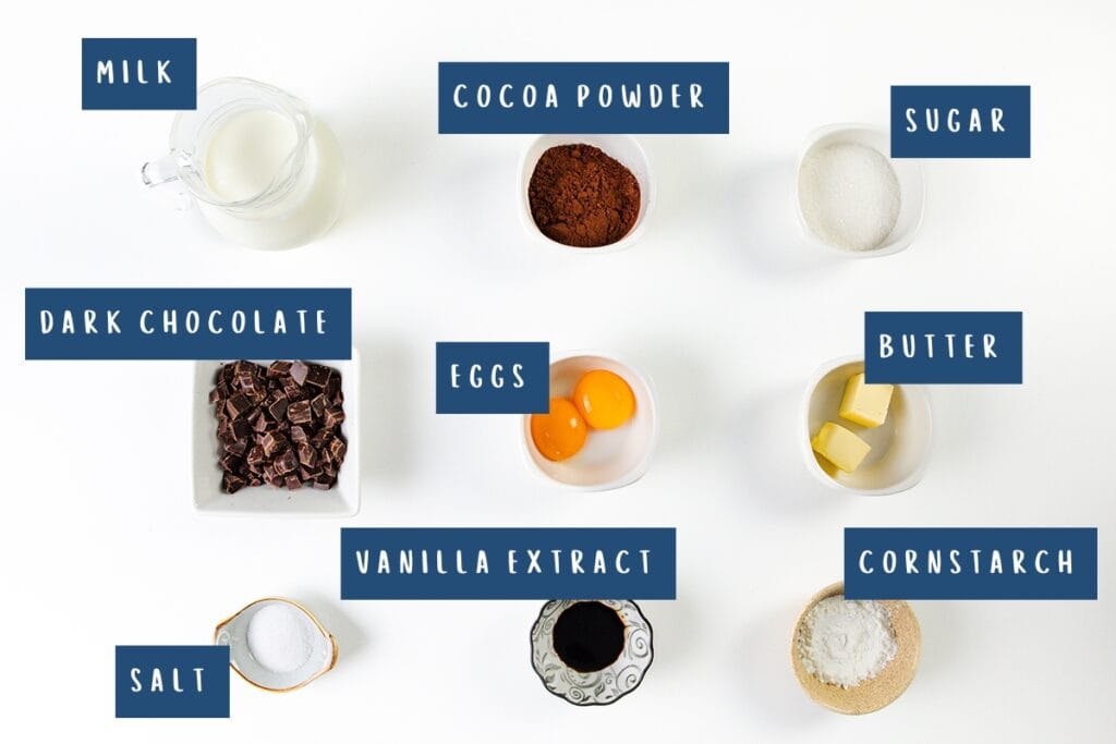 An arrangement of ingredients for chocolate pudding on a white background includes milk, cocoa powder, sugar, dark chocolate, eggs, butter, vanilla extract, cornstarch, and a pinch of salt. Each item is neatly labeled in its own container.