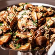 a close up image of what the finished dish looks like of the sautéed mushrooms recipe.