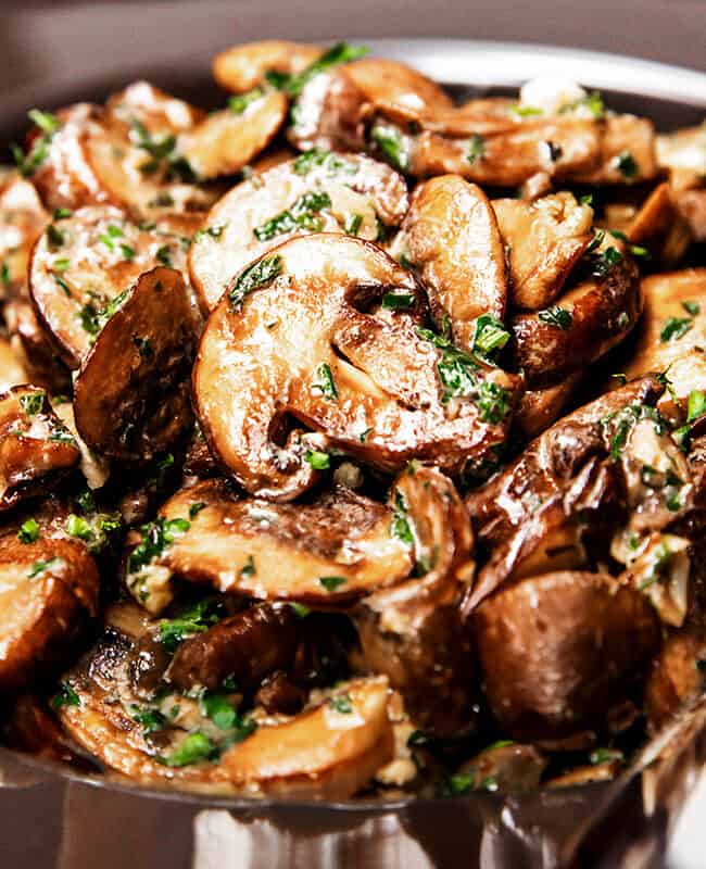 a close up image of what the finished dish looks like of the sautéed mushrooms recipe.