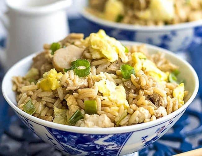 Healthy Low Fat Fried Rice in a pretty chinese pattern bowl