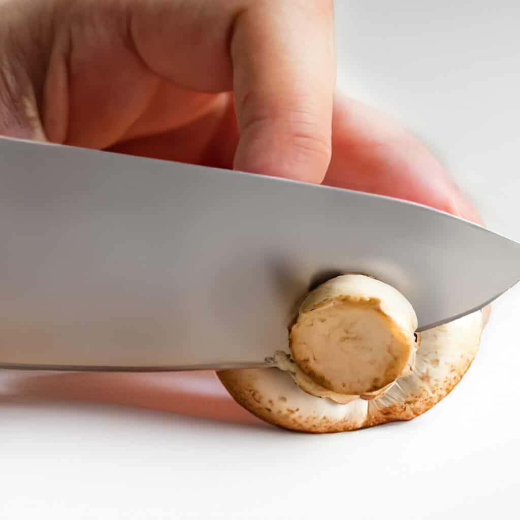 a knife cutting through the stem of a mushroom.