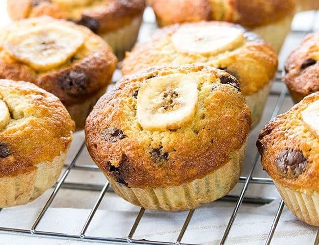 Chocolate Chip Banana Muffins cooling on a cooling rack