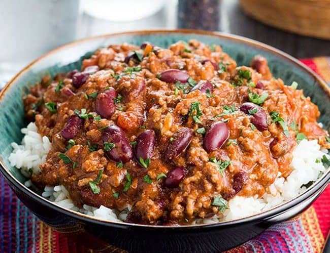 Classic Chili Con Carne served on a bed of white rice