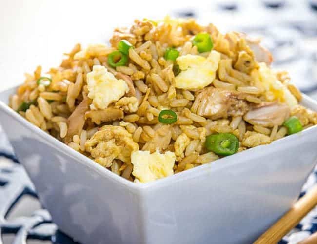 Best Ever Fried Rice piled high in a white bowl