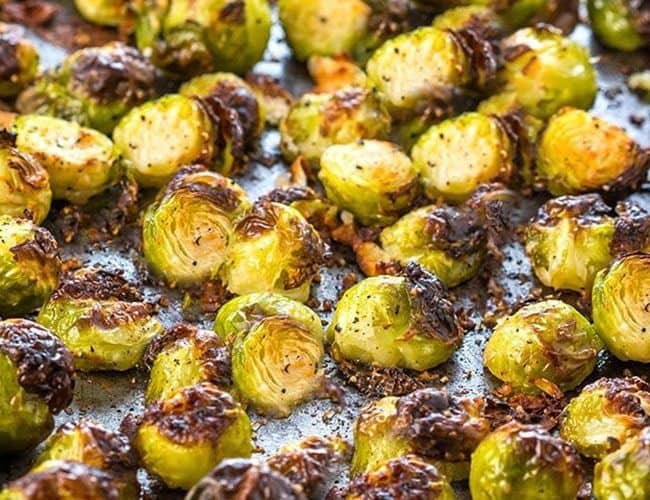 roasted Brussels Sprouts on a sheet pan