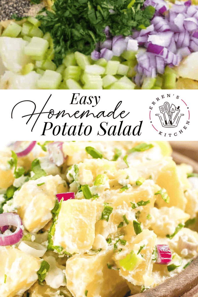 A bowl filled with the ingredients to make homemade potato salad including potatoes, red onion, celery, green onions, and parsley, and the completed potato salad in a bowl.