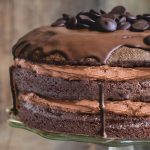 a close up of Chocolate cake with chocolate buttercream with a rustic background.