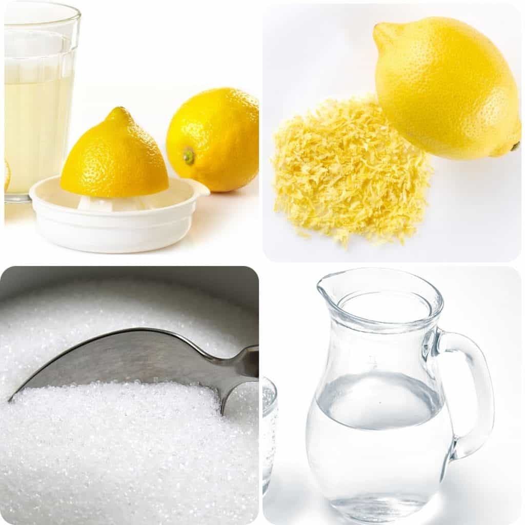 lemons, lemon zest, sugar and a jug of water