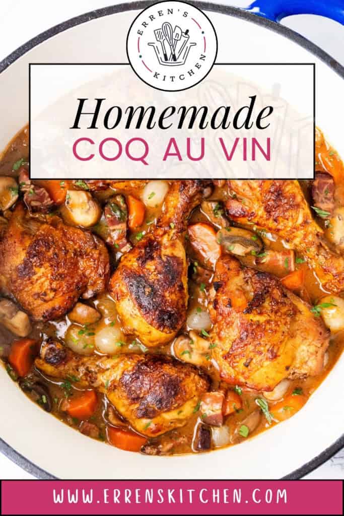 A pot brimming with savory Coq au Vin showcases browned chicken, carrots, mushrooms, and onions in rich sauce. The lid displays a logo reading "Erren's Kitchen" with the enticing words "Homemade Coq Au Vin." A convenient website link is provided below.