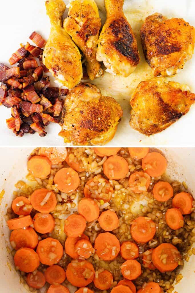 Top image: Crispy cooked chicken pieces and bacon, reminiscent of Coq Au Vin, on a paper towel. Bottom image: Sliced carrots and chopped onions being sautéed in a pan.