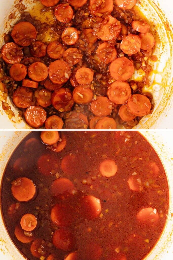 Top: Sliced carrots and onions simmered in a pot, coated with a thick red sauce reminiscent of Coq Au Vin. Bottom: Carrots and onions immersed in a pot of red soup or stew, offering a more liquid consistency.