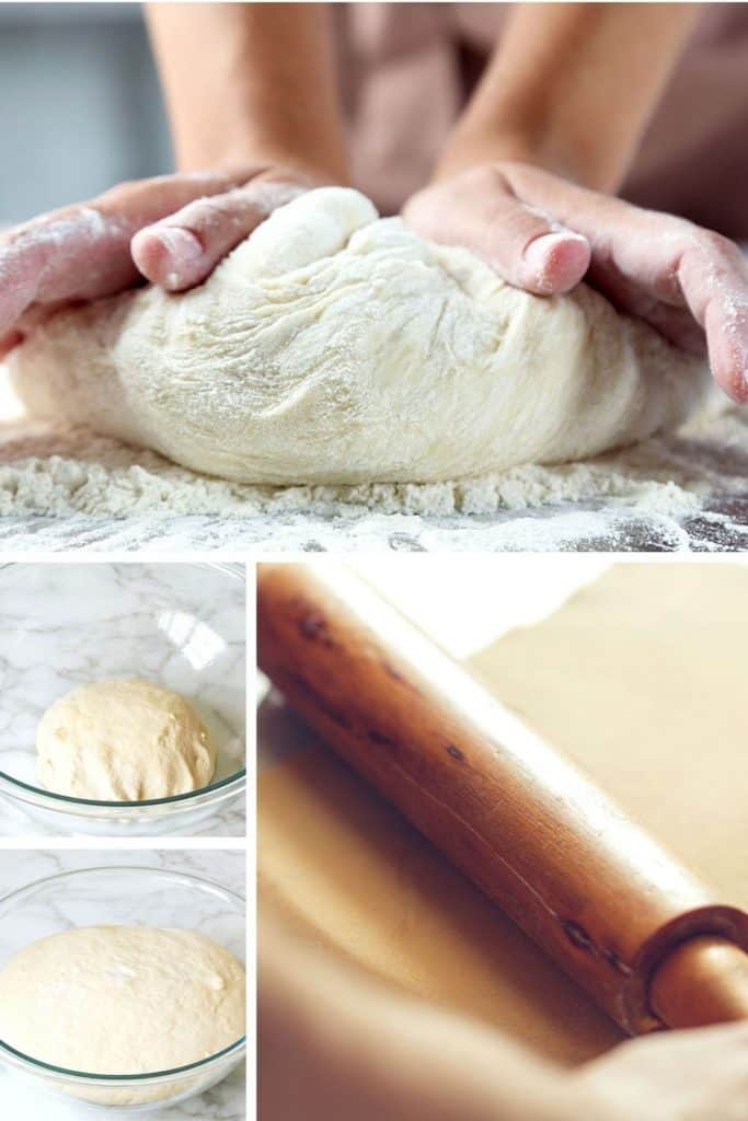 photos showing dough rising, rolled and kneaded