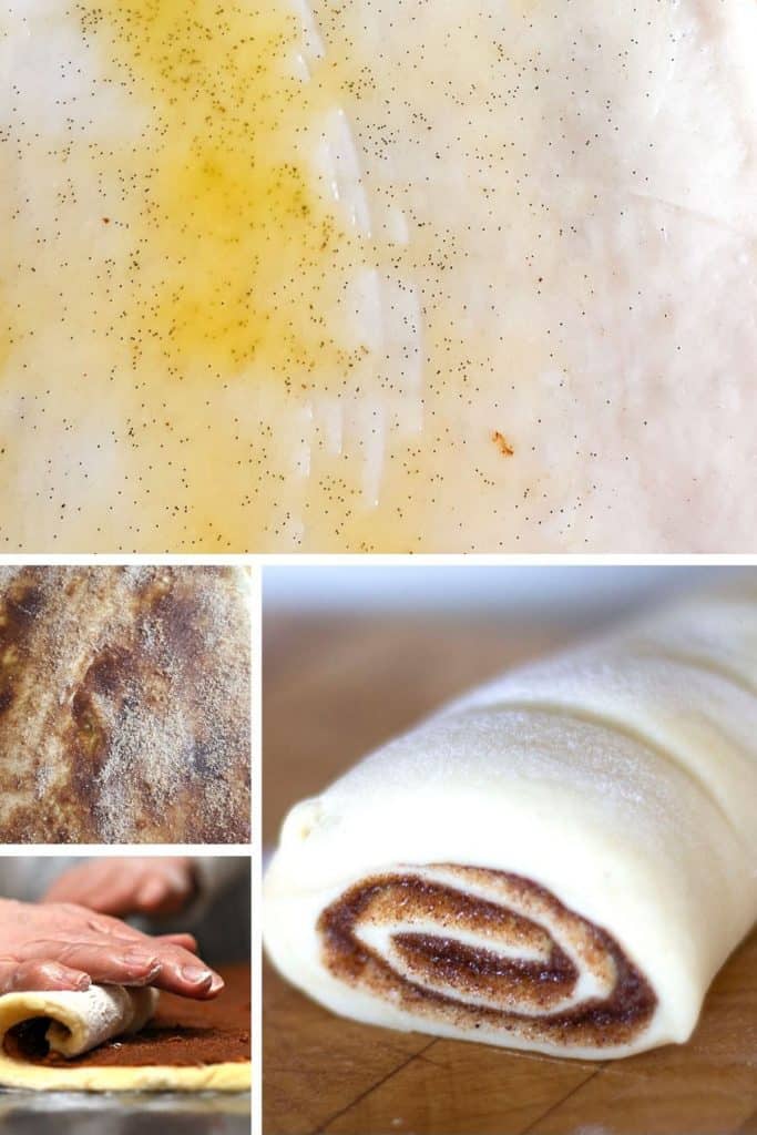 photos of the buttered dough, the cinnamon mixture spread on the dough and the rolled dough