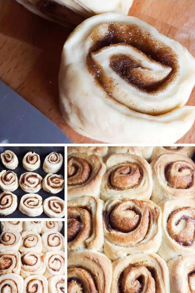 photos showing the sliced dough, the sising and the baked cinnamon rolls