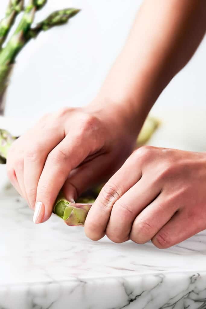 A photo of a woman's hand snapping Asparagus to trim it.