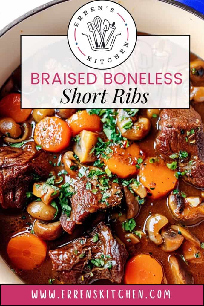 A pot of braised boneless short ribs cooked with carrots, mushrooms, and fresh herbs, showcasing a hearty and savory dish. The label at the top reads "Erren's Kitchen" with text "Braised Boneless Short Ribs" and the website www.errenskitchen.com below.