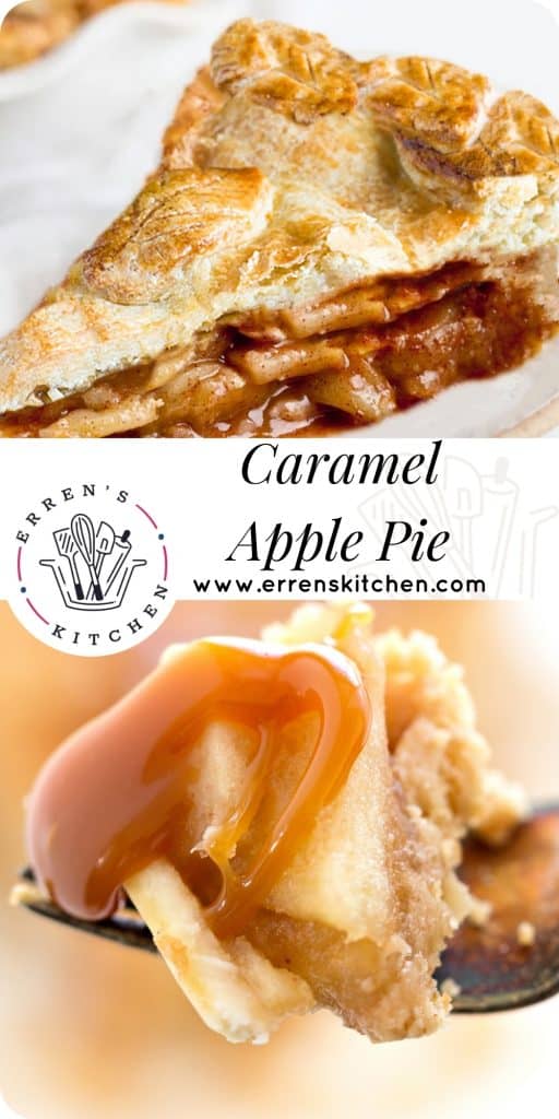 a forkful of apple pie with caramel sauce and a slice of apple pie