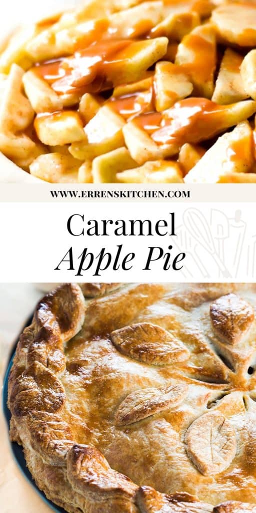 sliced apples in pie dough with caranel sauce and a baked apple pie