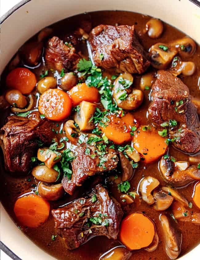 A hearty stew in a white pot filled with tender chunks of braised boneless short ribs, sliced carrots, whole mushrooms, and a rich, brown broth. The dish is garnished with fresh, chopped parsley.