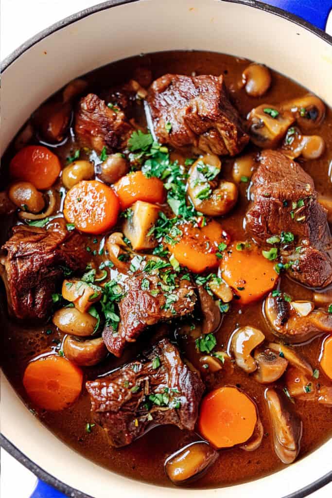 A hearty stew in a white pot filled with tender chunks of braised boneless short ribs, sliced carrots, whole mushrooms, and a rich, brown broth. The dish is garnished with fresh, chopped parsley.