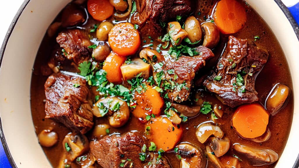 A hearty beef stew in a pot, featuring chunks of tender beef and braised short ribs, sliced carrots, whole mushrooms, and garnished with chopped fresh parsley. The rich, dark broth adds a comforting warmth to the beautifully presented dish.