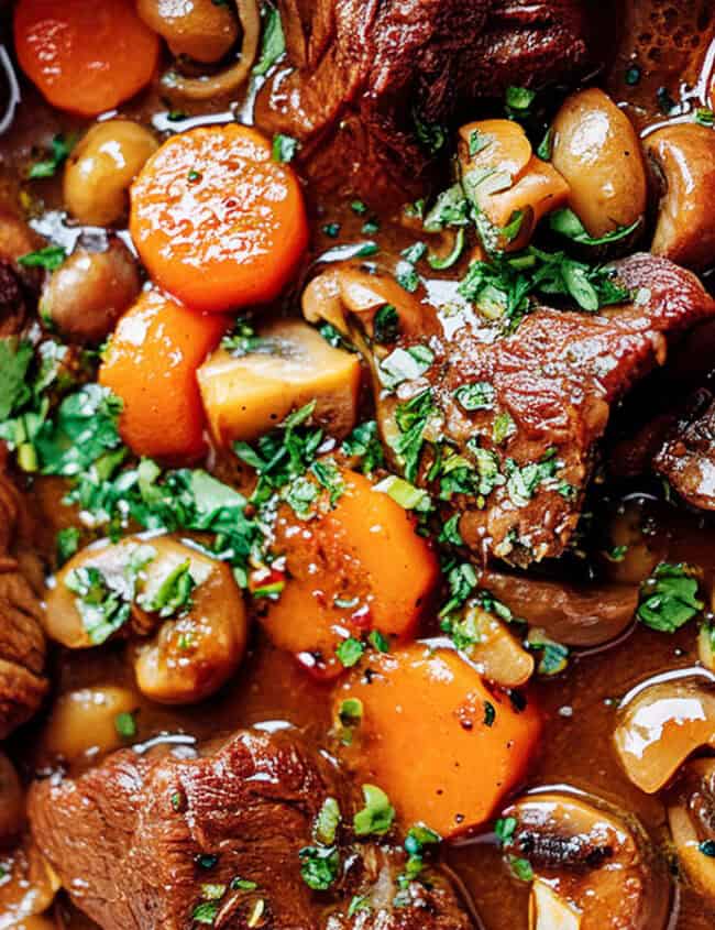 A hearty beef stew in a pot, featuring chunks of tender beef and braised short ribs, sliced carrots, whole mushrooms, and garnished with chopped fresh parsley. The rich, dark broth adds a comforting warmth to the beautifully presented dish.