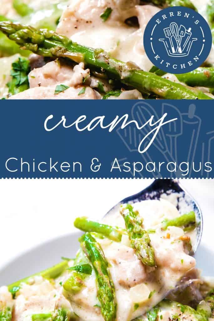 a spoon of chicken and Asparagus in a cream sauce