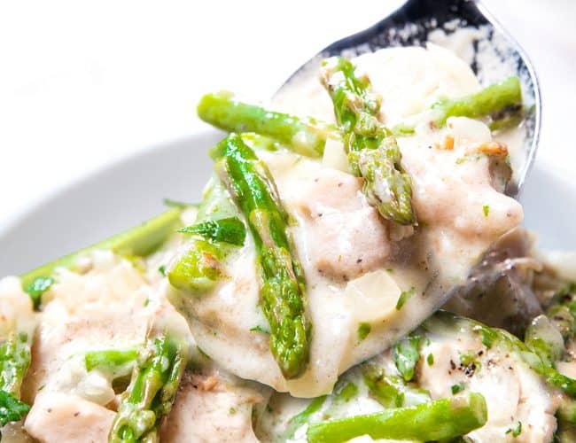 a spoon of chicken and Asparagus in a cream sauce