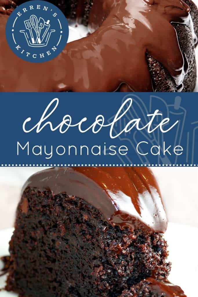 two pictures of a whole chocolate mayonnaise cake and a slice of cake