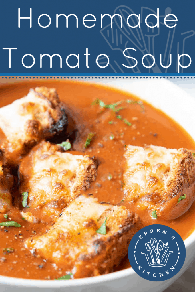 Homemade Tomato Soup in a bowl with cheesy croutons