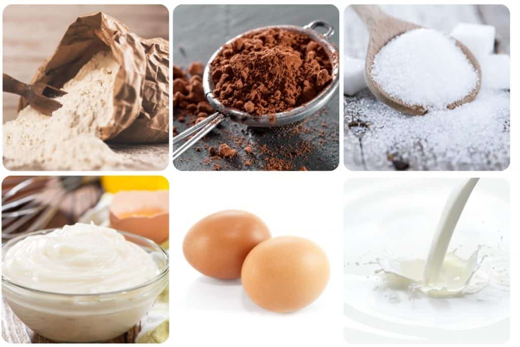 a collage of ingredeints for chocolate mayonnaise cake