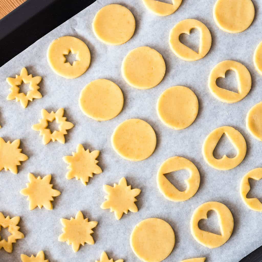 Cut cookies on a cookie sheet