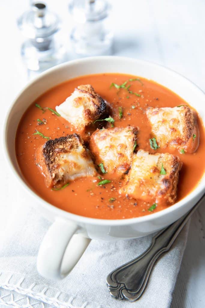 Tomato Soup topped with Cheesy Croutons