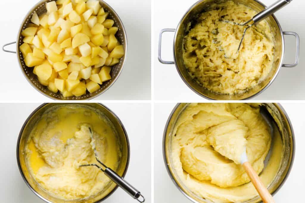 A four-step process of making mashed potatoes for cottage pie: top left shows cubed potatoes in a colander; top right has a pot with partially mashed potatoes; bottom left shows butter mixed in; bottom right depicts smooth mashed potatoes being stirred.