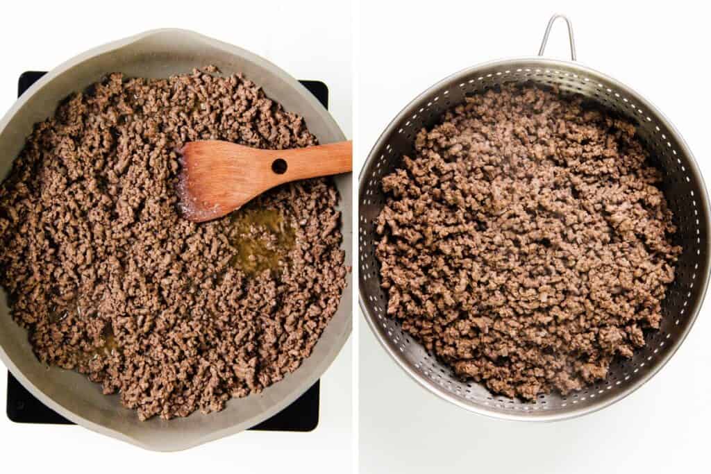 Left: Ground beef for cottage pie sizzling in a skillet with a wooden spatula. Right: Cooked ground beef draining in a metal colander.