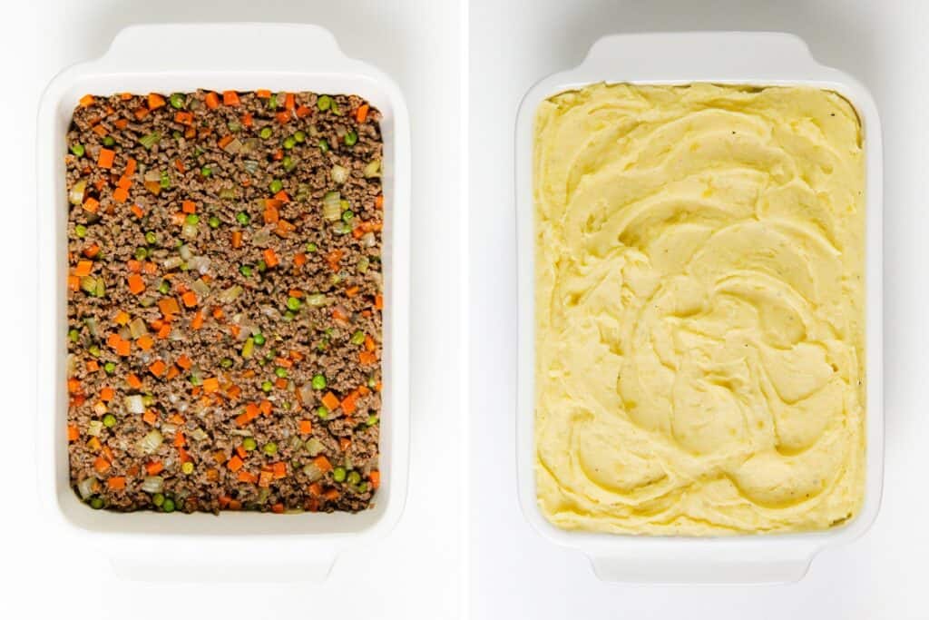 Left image: A delectable cottage pie with ground meat, peas, carrots, and corn nestled in a white rectangular pan. Right image: The same dish topped with a smooth layer of creamy mashed potatoes.