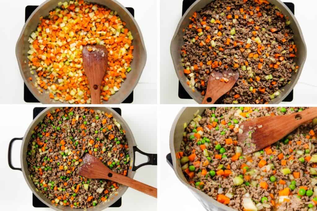 Four images of a skillet showcasing the creation of a delicious Cottage Pie: diced carrots, onions, and celery being sautéed; browned ground beef blended with the vegetables; and peas stirred into the mixture. A wooden spatula accompanies each step in this hearty classic.