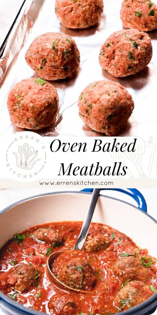 a collage of two pictures of meatballs ready to bake and in sauce