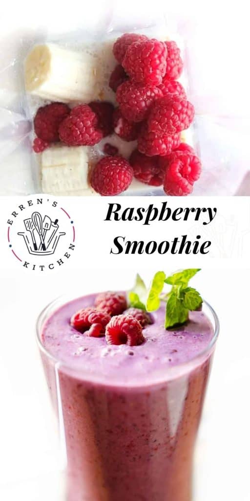 a raspberry smoothie in a glass garnished with fresh raspberries and mint leaves