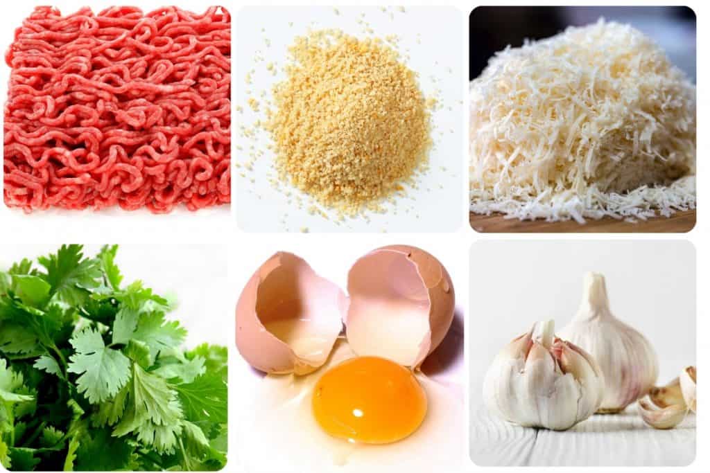 a collage of ingredients for meatballs, minced beef, breadcrumbs, parmesan, parsley, eggs, garlic