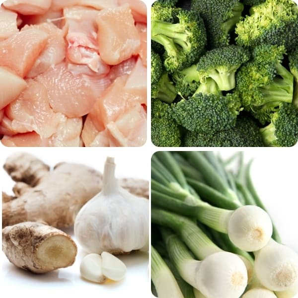 a photo of chicken, broccoli, garic, ginger and green onions