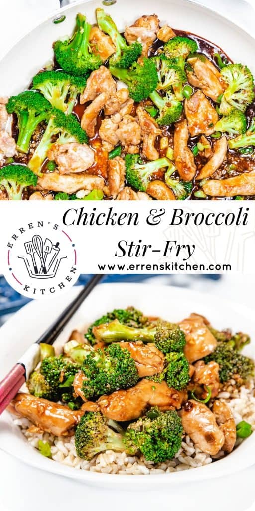 A chicken and Broccoli stir fry piled high on a white plate