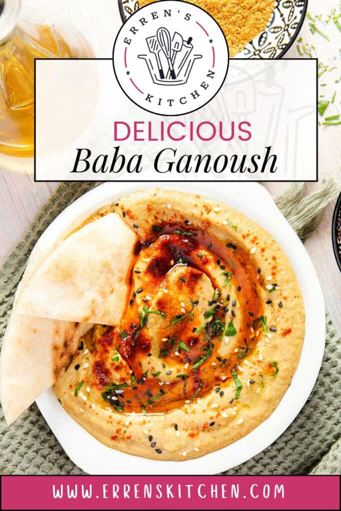 Top view of a delicious Baba Ganoush dip garnished with paprika, sesame seeds, and fresh herbs, served with pita bread in a white bowl from Erren's Kitchen.